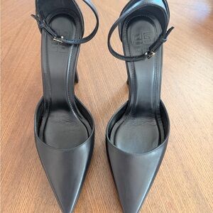 Givenchy Black Pointed-Toe Platform Ankle-Strap Heels with Gold Buckles